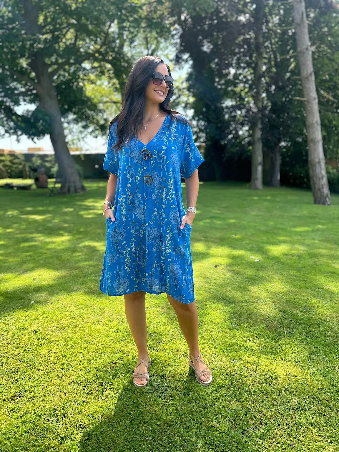 Royal Blue Floral Button Tunic Dress Sandra