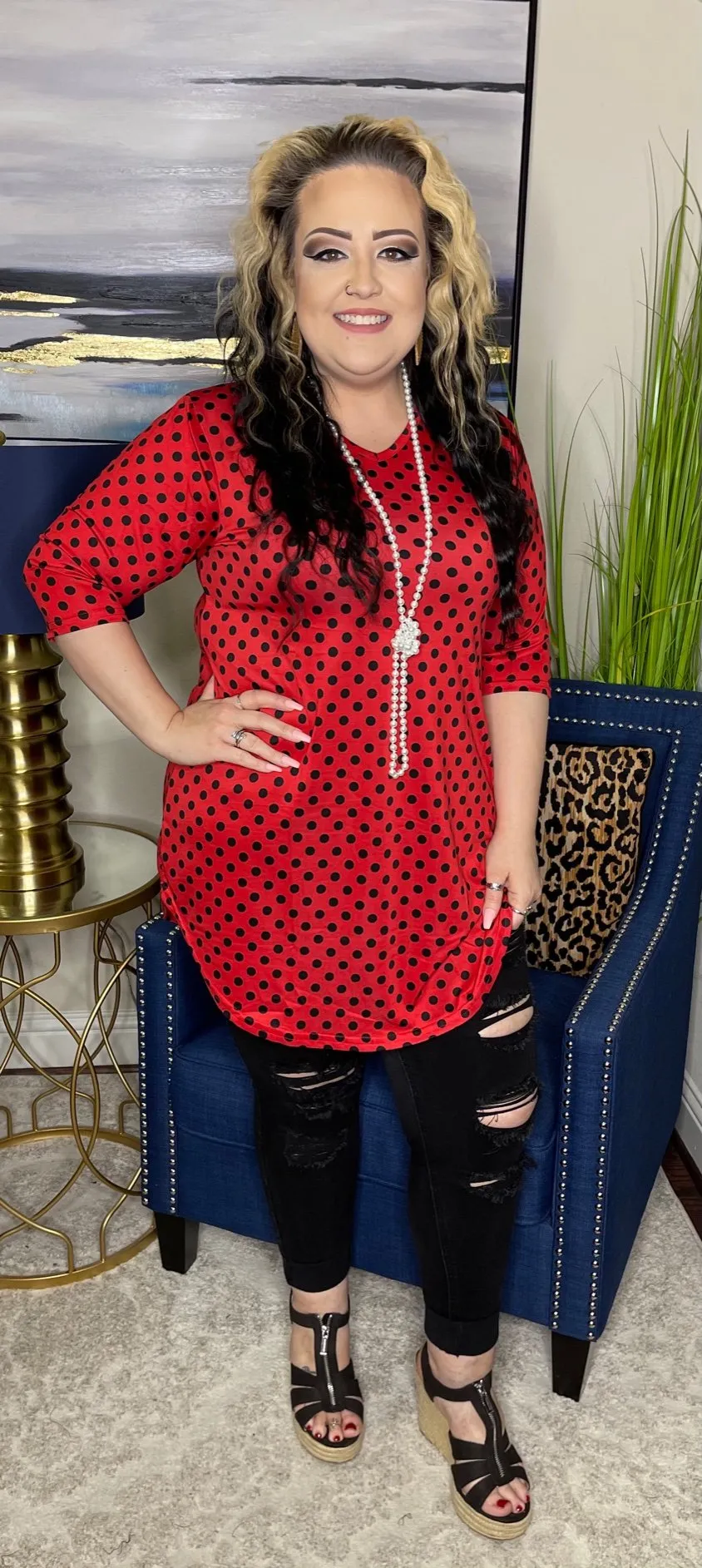 S / M /2X: Red & Black Polka Dot Scoop Tunic