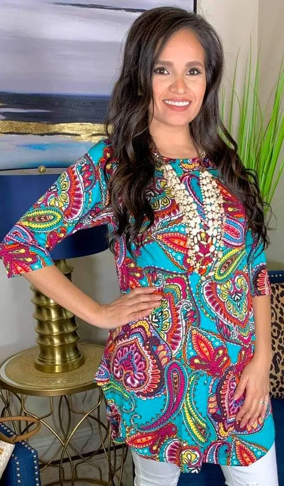 S-M-L : Turquoise Multi Paisley Scoop Tunic