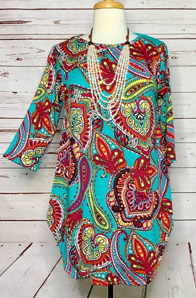 S-M-L : Turquoise Multi Paisley Scoop Tunic