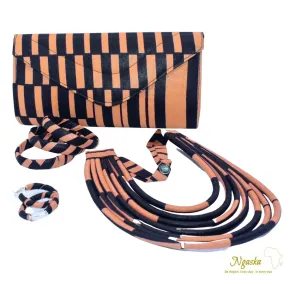 Salmon and Black Serious Stripes Design Ankara  Clutch, Earrings Set - CEN 13