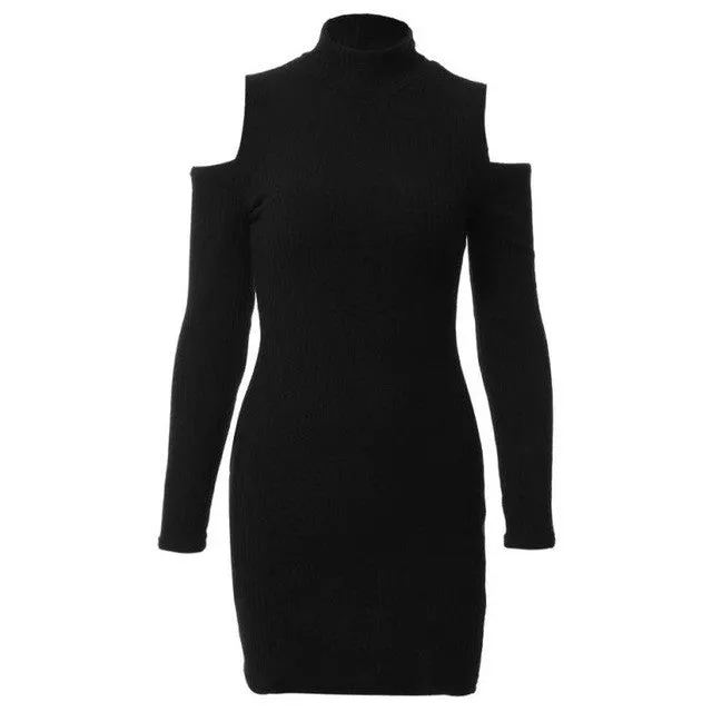 Sexy Off Shoulder Dress For Womens Bodycon Slim Black Red Grey Turtleneck Ladies Evening Party Mini Dress Robe Femme #1214 SM6