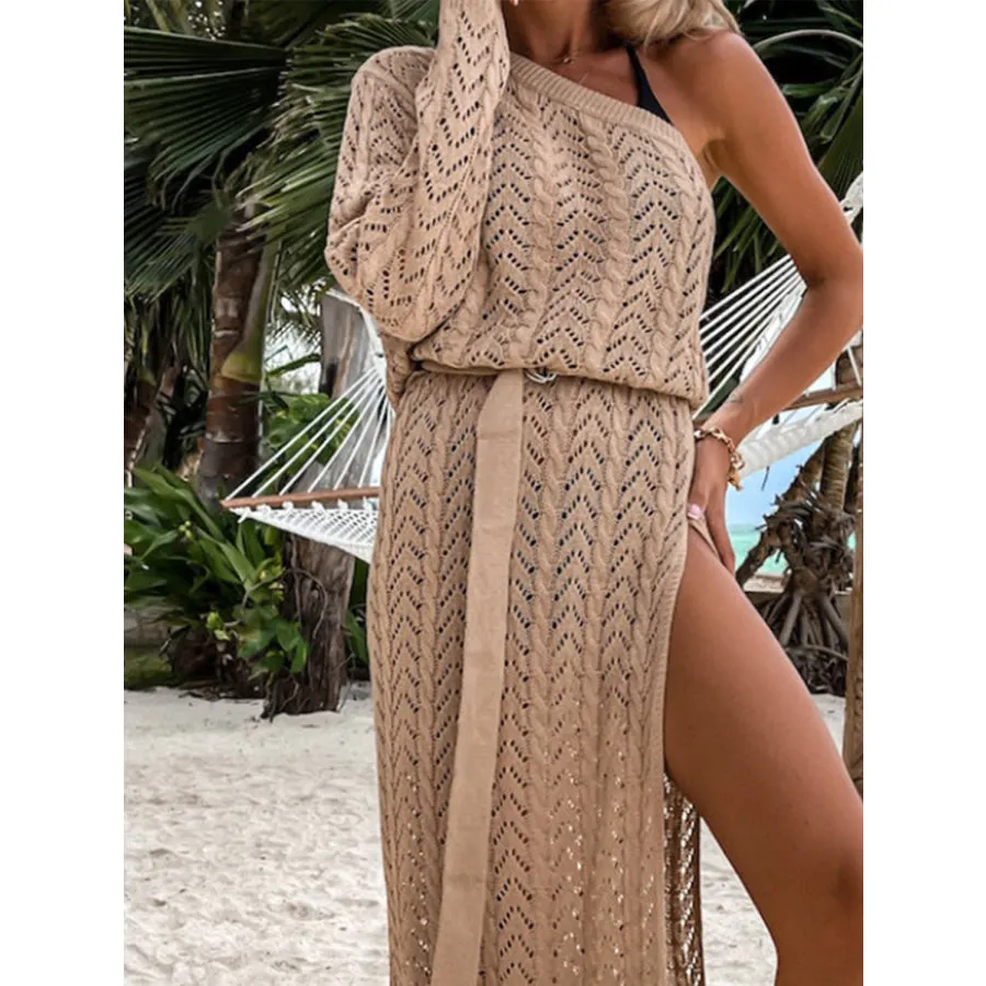 Slit Openwork Single Shoulder Knit Dress