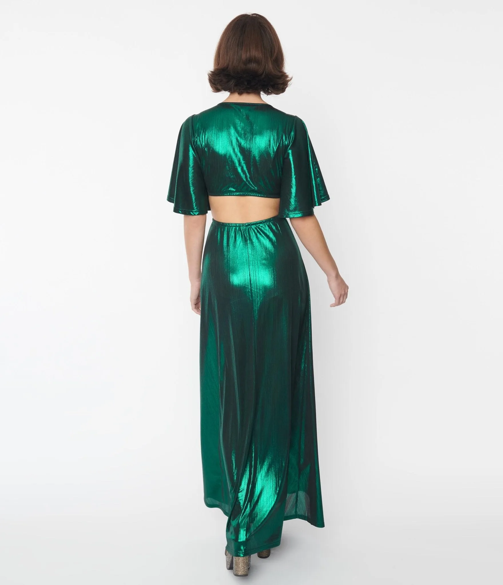 Smak Parlour 1970s Metallic Emerald Green Knit Maxi Dress