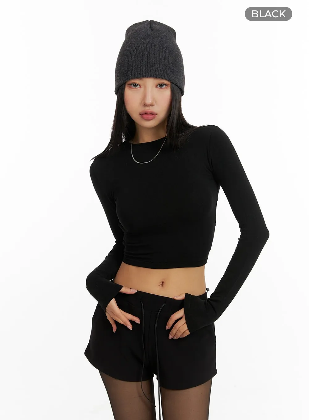 Solid Back Drawstring Cropped Long Sleeve CM408