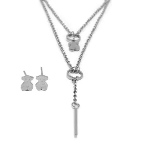 Stainless Steel Bear/Bar Charm Necklace Earrings Set