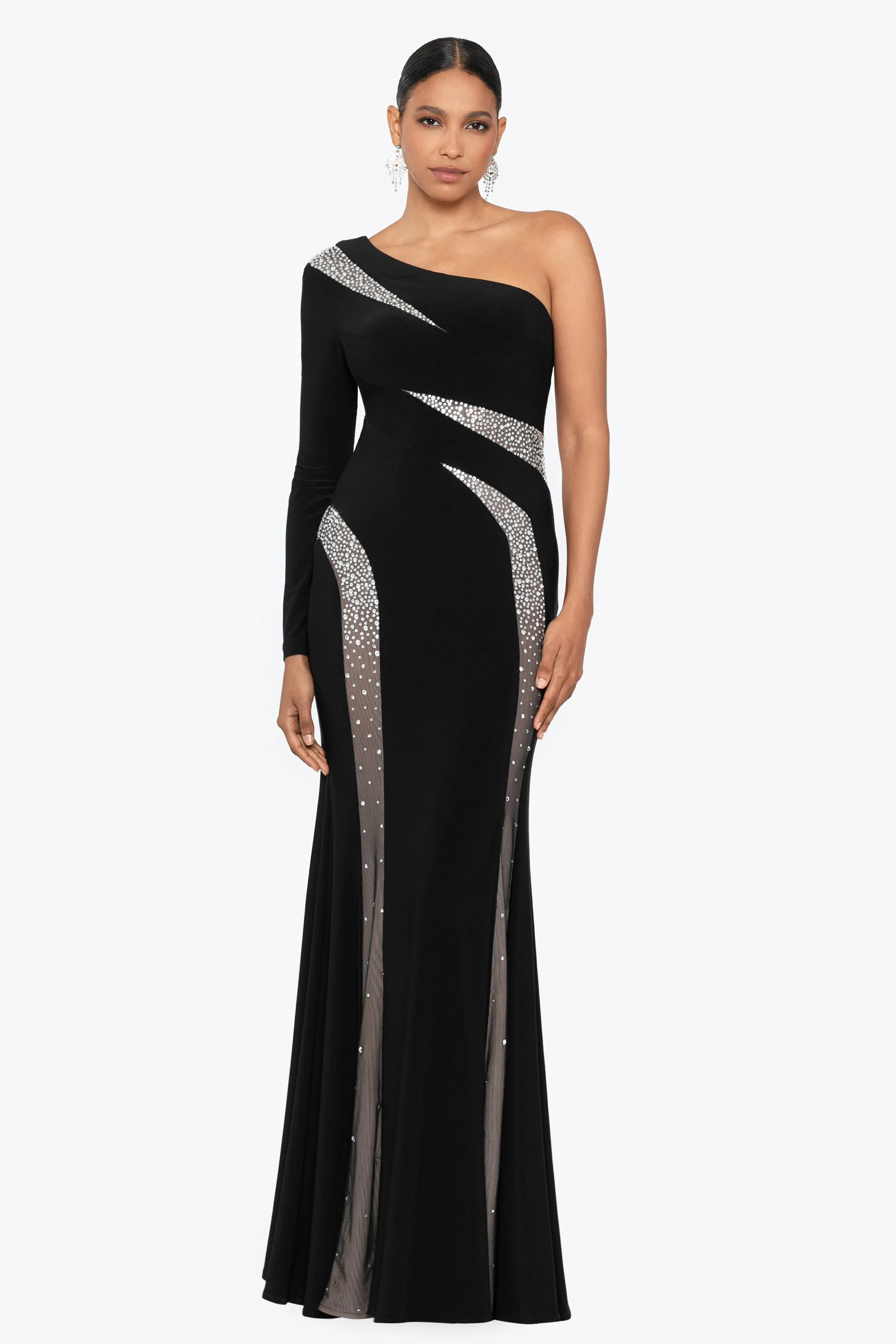 Tal Long One Shoulder Beaded Cut Out Dress