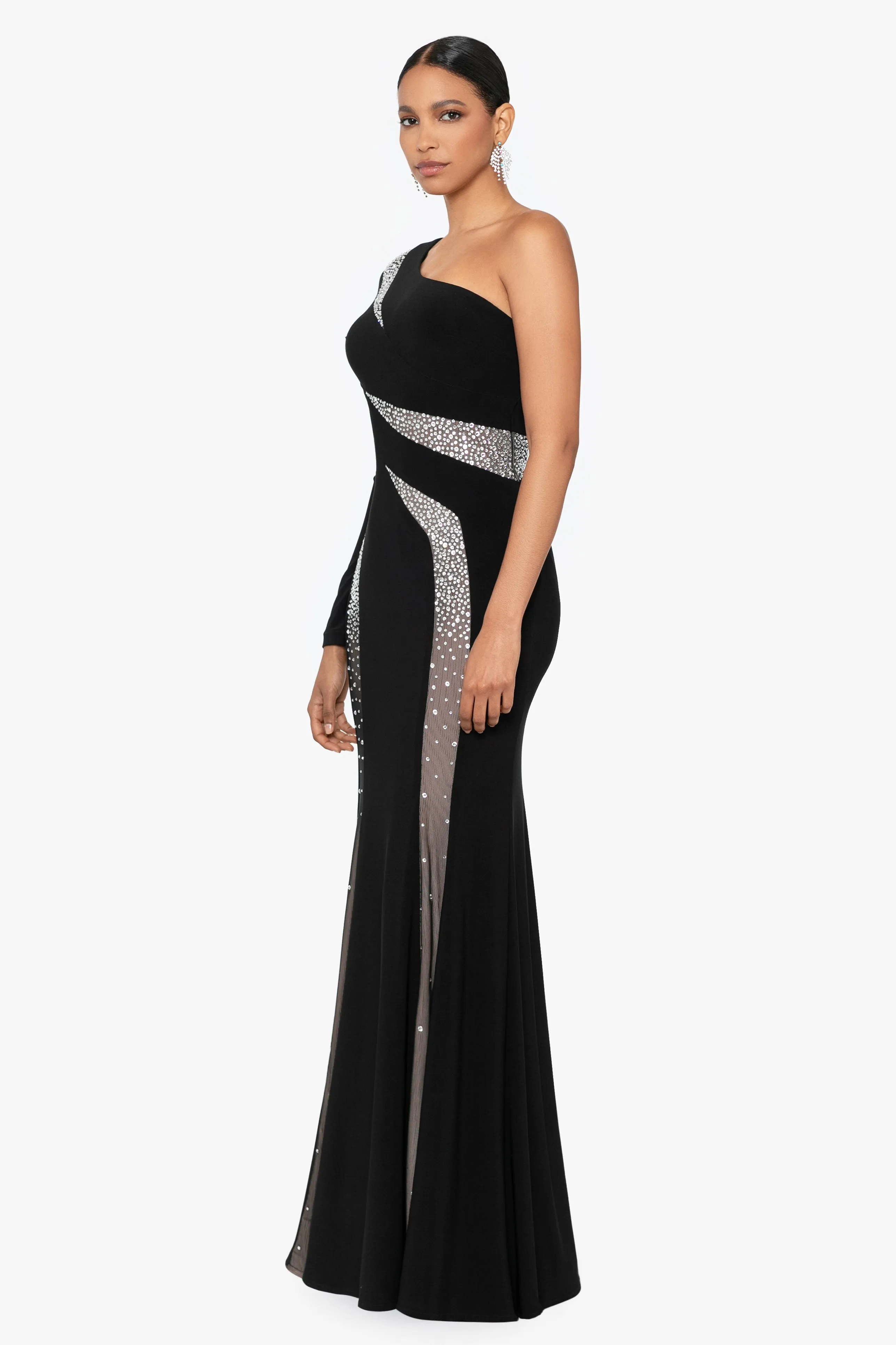 Tal Long One Shoulder Beaded Cut Out Dress