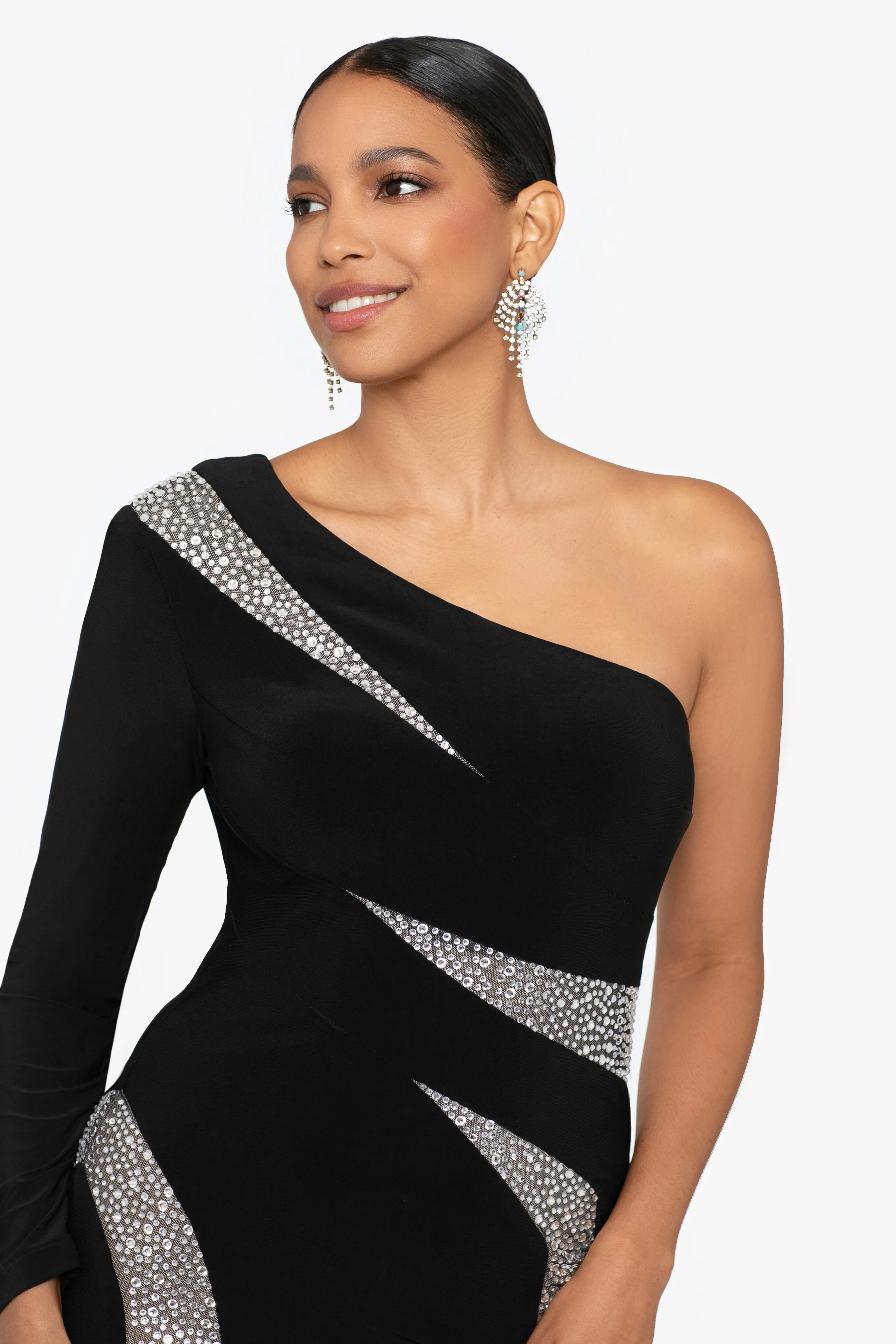 Tal Long One Shoulder Beaded Cut Out Dress