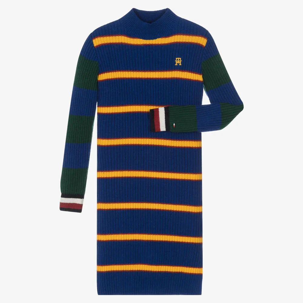 Teen Girls Blue Multi-Stripe Knit Dress