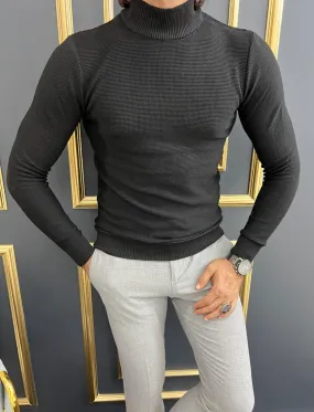 Thread Slim Fit Custom Design Half Collared Black Turtleneck