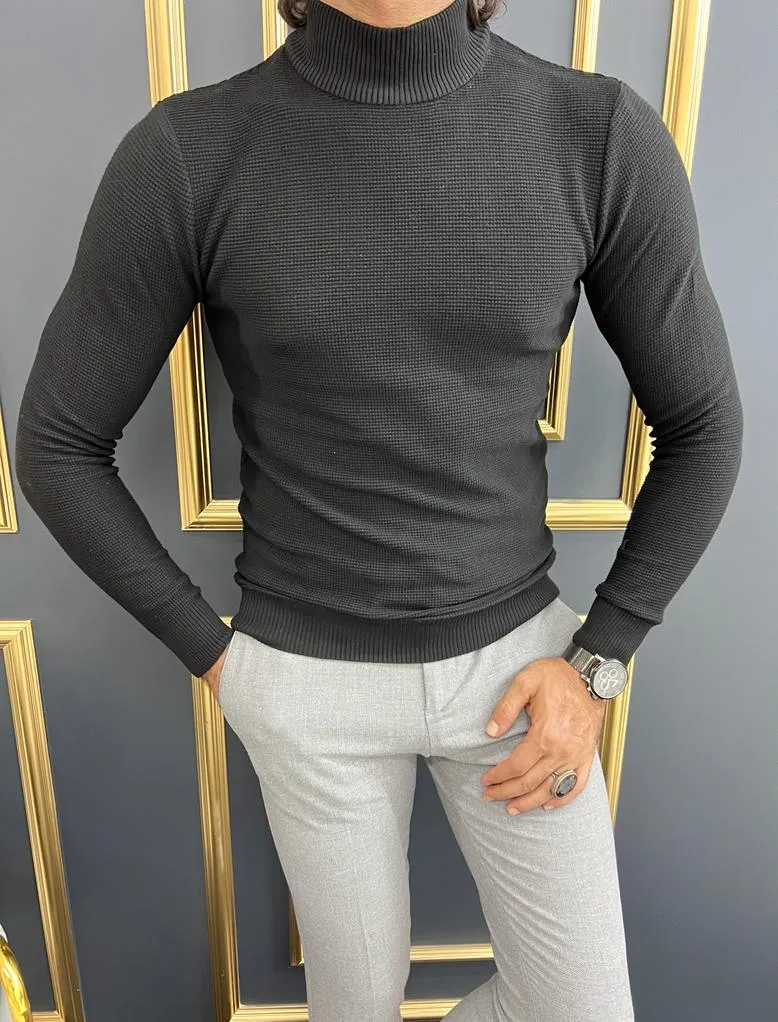 Thread Slim Fit Custom Design Half Collared Black Turtleneck