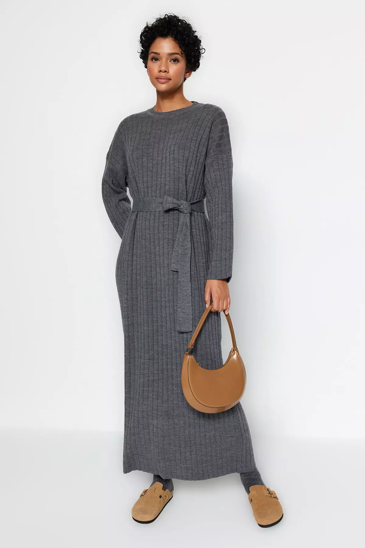 Trendyol Belted Rib Sweater Dress