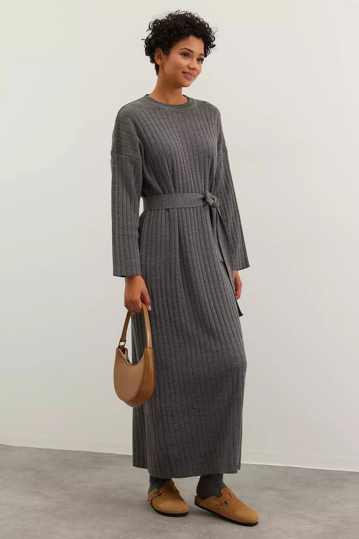 Trendyol Belted Rib Sweater Dress