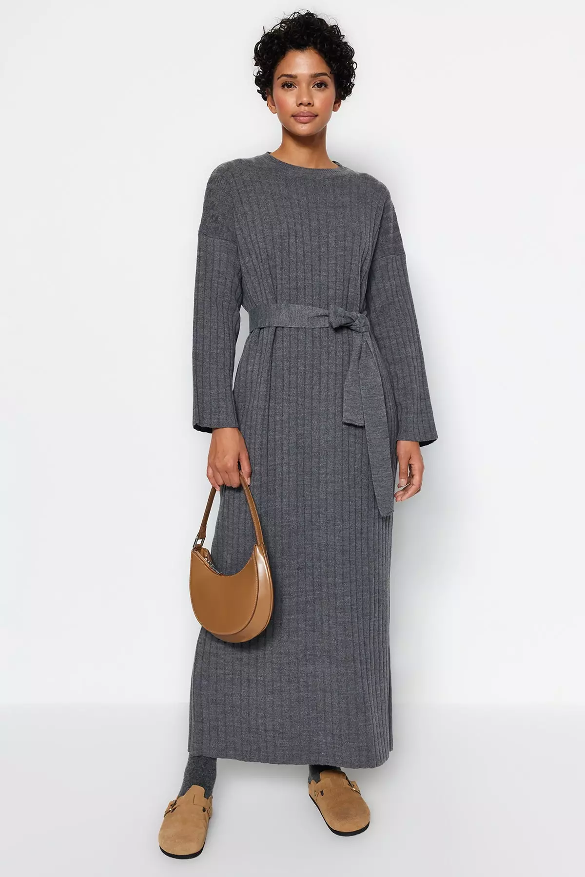 Trendyol Belted Rib Sweater Dress