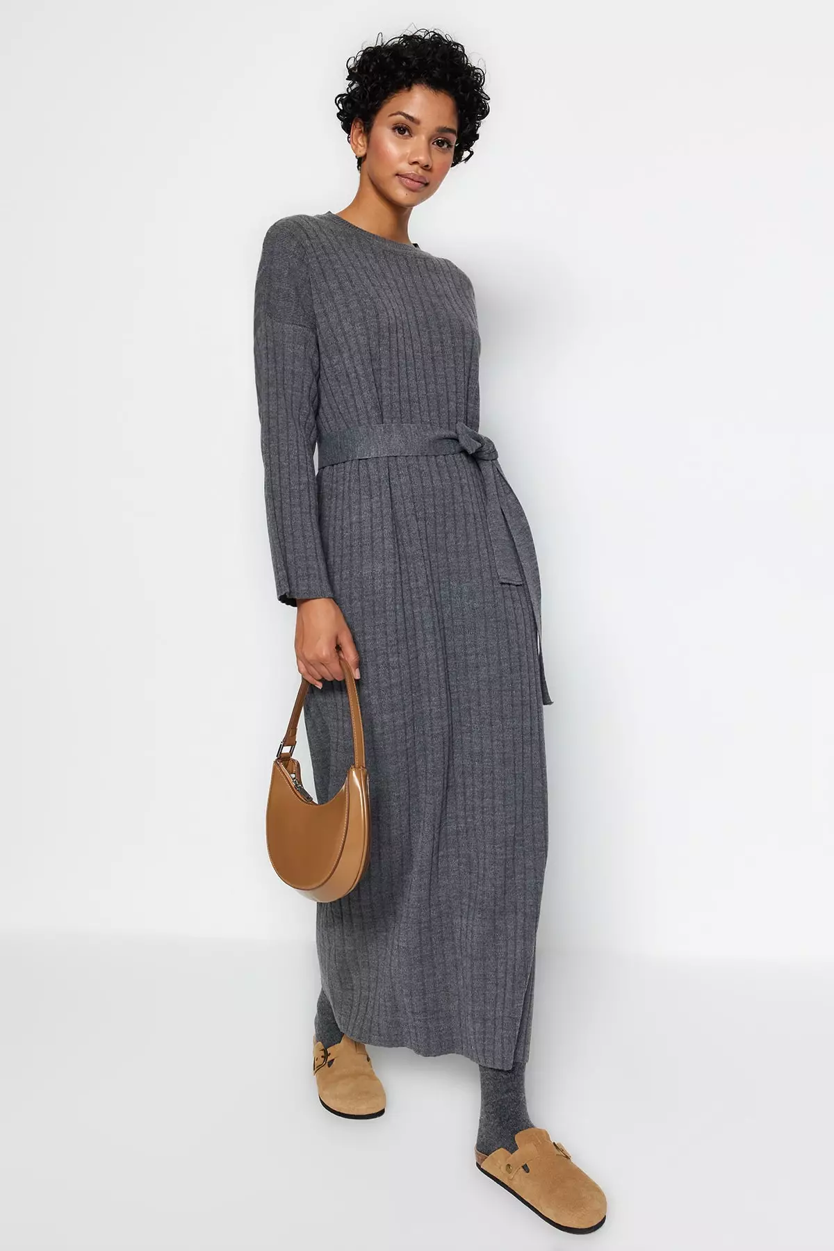 Trendyol Belted Rib Sweater Dress