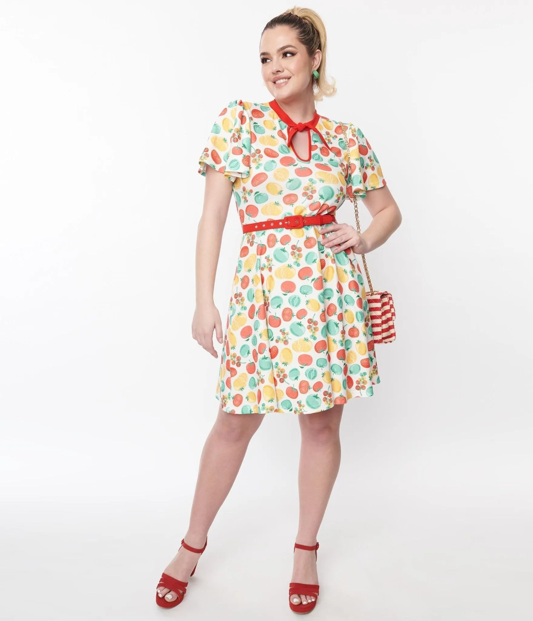 Unique Vintage Ivory & Red Tomato Print Flare Dress