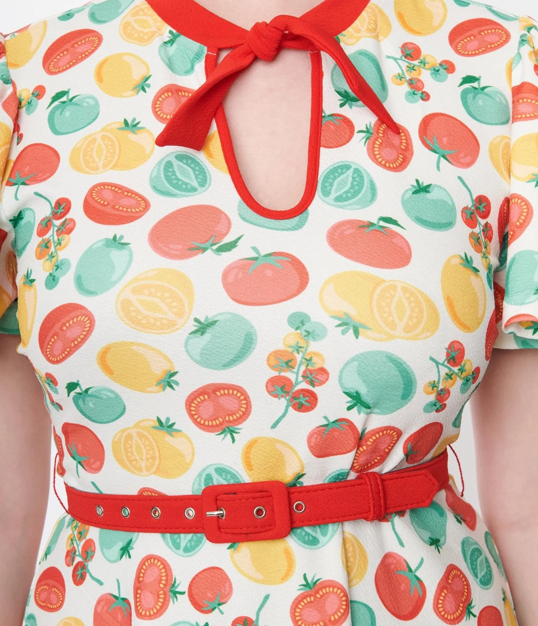 Unique Vintage Ivory & Red Tomato Print Flare Dress