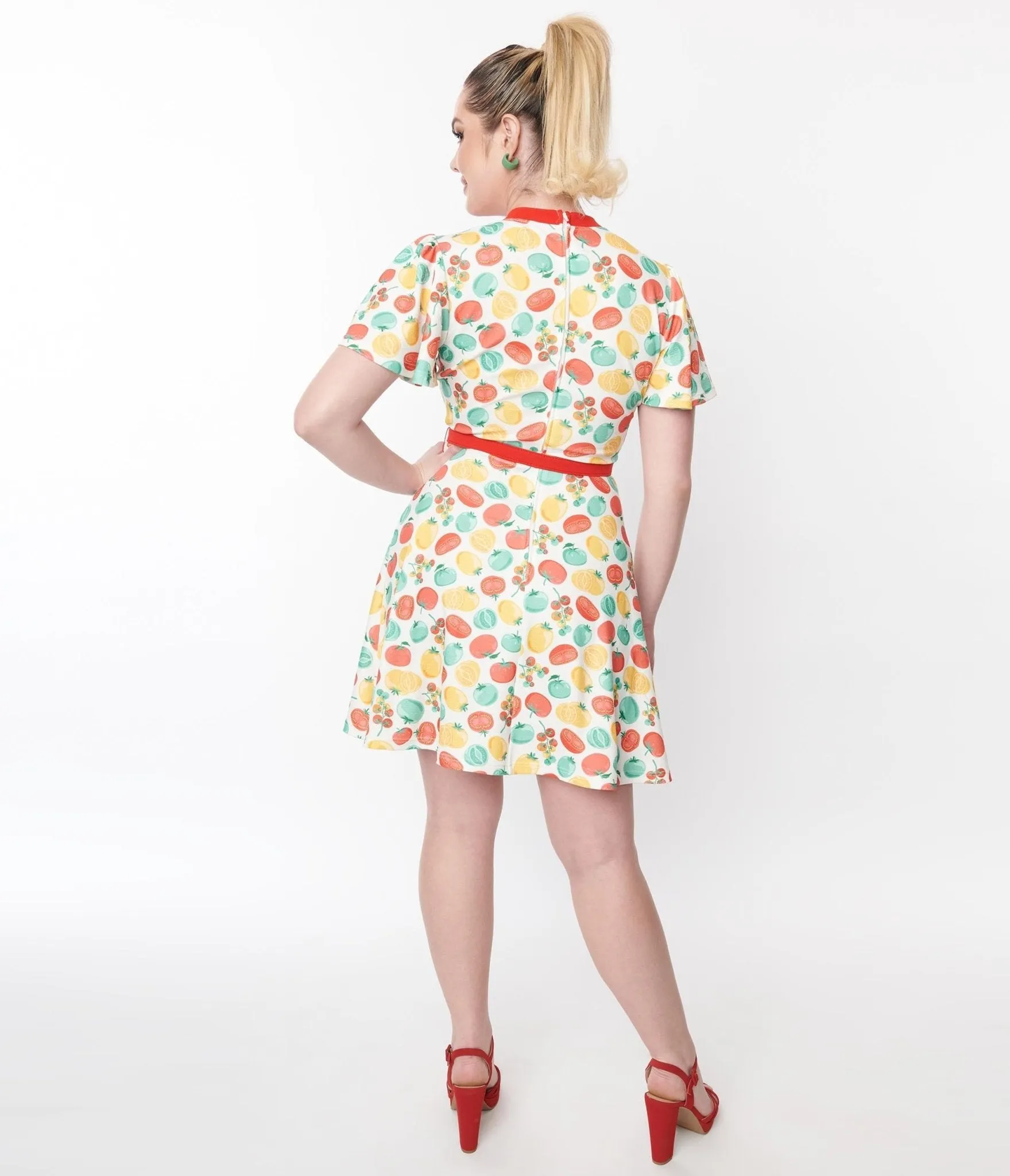 Unique Vintage Ivory & Red Tomato Print Flare Dress