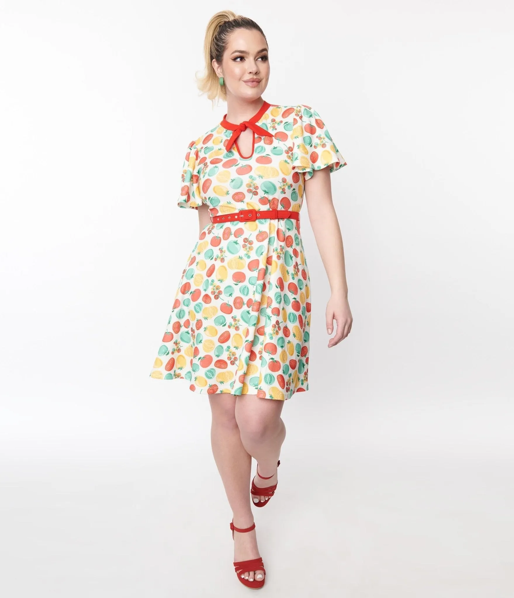 Unique Vintage Ivory & Red Tomato Print Flare Dress