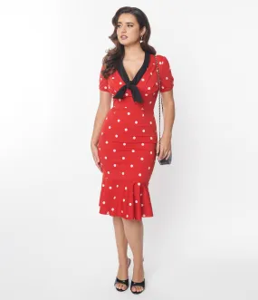 Unique Vintage Red & White Polka Dot Neck Tie Wiggle Dress