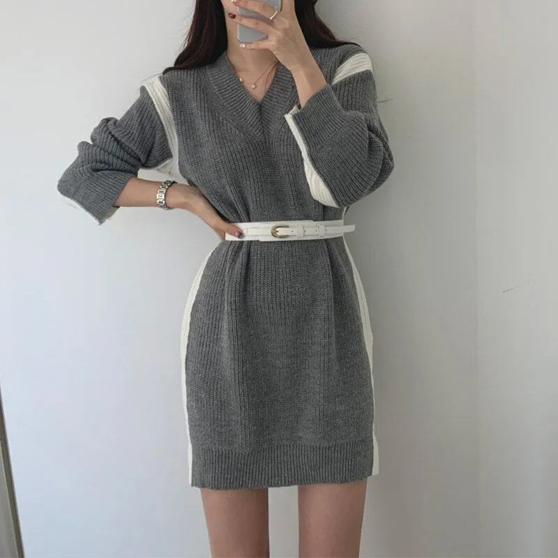 V Neck Long Sleeve Color Block Loose Sweater Dress With Belt Casual Knitted Mini Dress