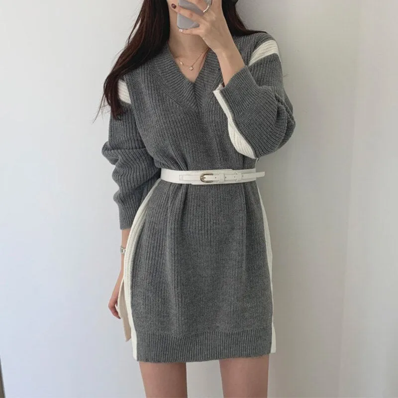 V Neck Long Sleeve Color Block Loose Sweater Dress With Belt Casual Knitted Mini Dress