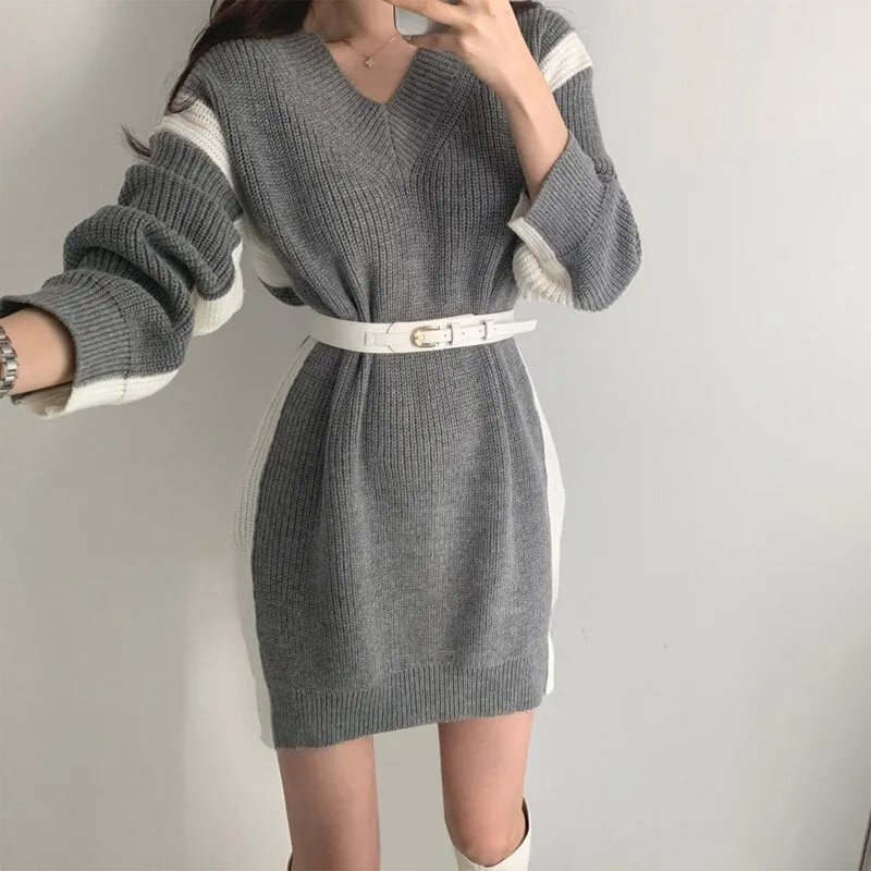 V Neck Long Sleeve Color Block Loose Sweater Dress With Belt Casual Knitted Mini Dress