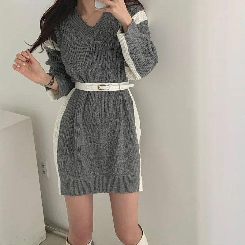 V Neck Long Sleeve Color Block Loose Sweater Dress With Belt Casual Knitted Mini Dress