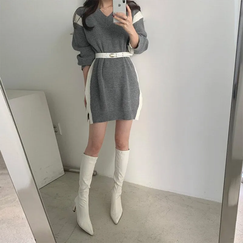 V Neck Long Sleeve Color Block Loose Sweater Dress With Belt Casual Knitted Mini Dress