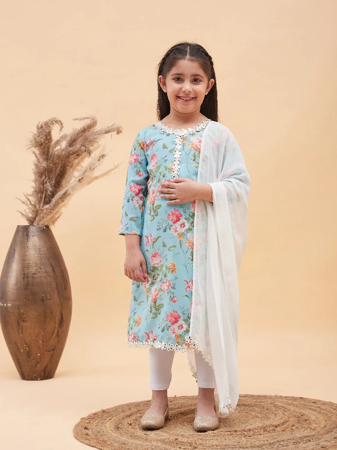 VASTRAMAY Girls Aqua Blue Floral Printed Kurta With Leggings And Dupatta Set