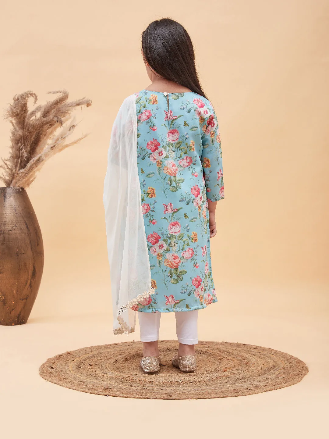 VASTRAMAY Girls Aqua Blue Floral Printed Kurta With Leggings And Dupatta Set