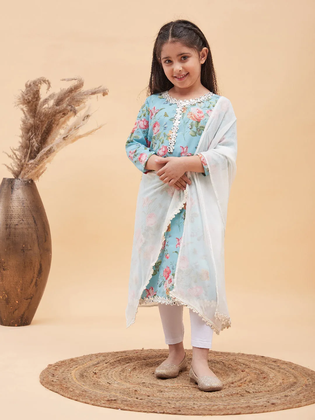 VASTRAMAY Girls Aqua Blue Floral Printed Kurta With Leggings And Dupatta Set