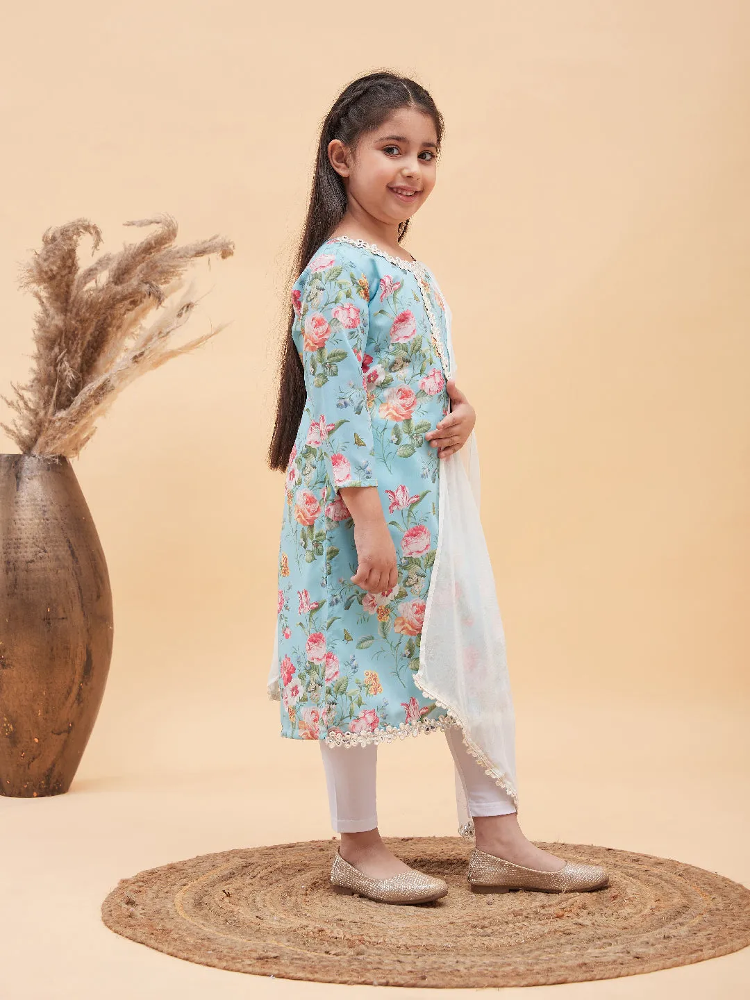 VASTRAMAY Girls Aqua Blue Floral Printed Kurta With Leggings And Dupatta Set