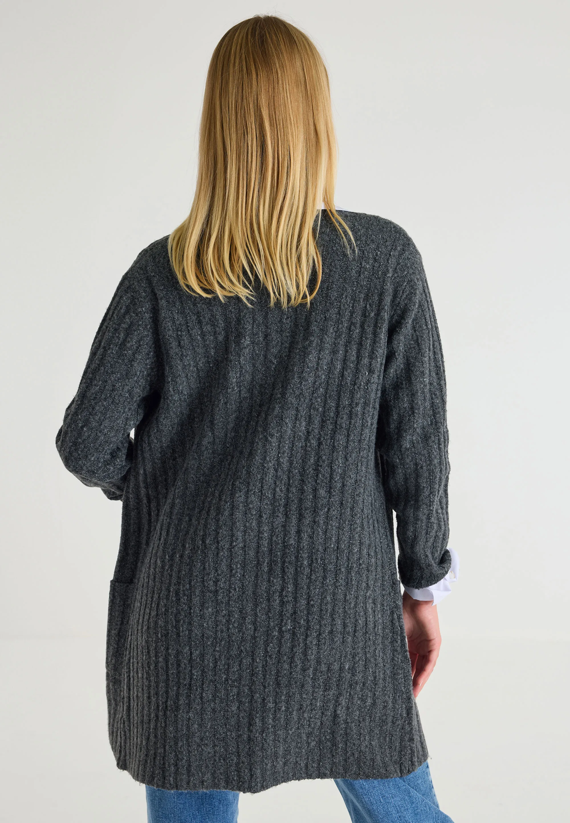 Womens Grey Ribbed Long Cardigan