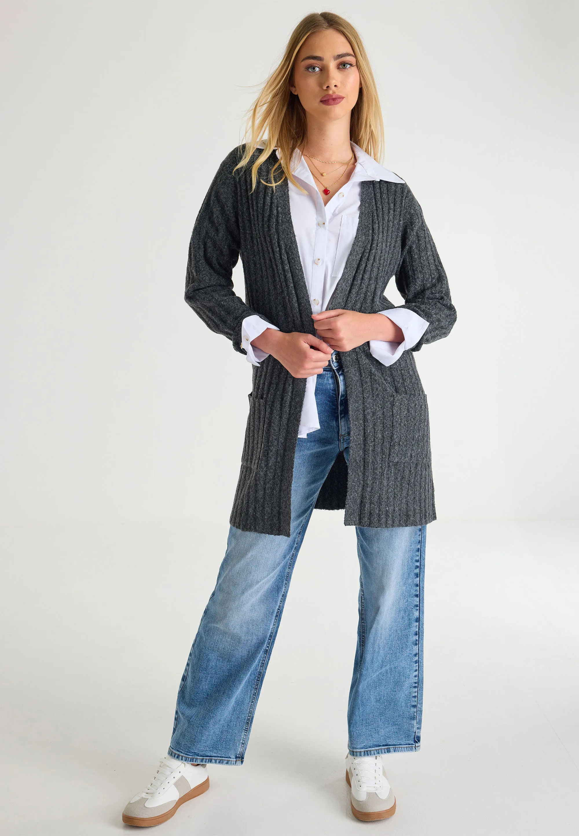 Womens Grey Ribbed Long Cardigan