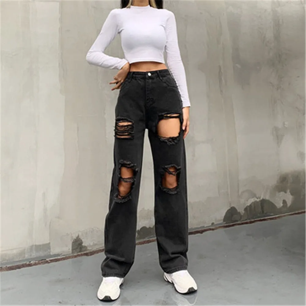 Women's Korean Style Black Denim High Waisted Ripped Out Straight Jeans