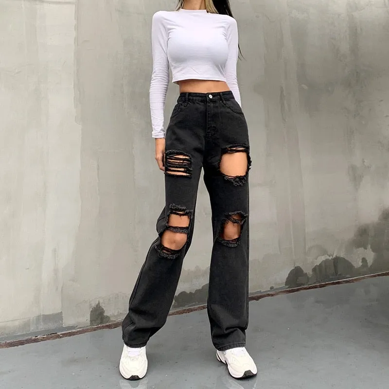 Women's Korean Style Black Denim High Waisted Ripped Out Straight Jeans