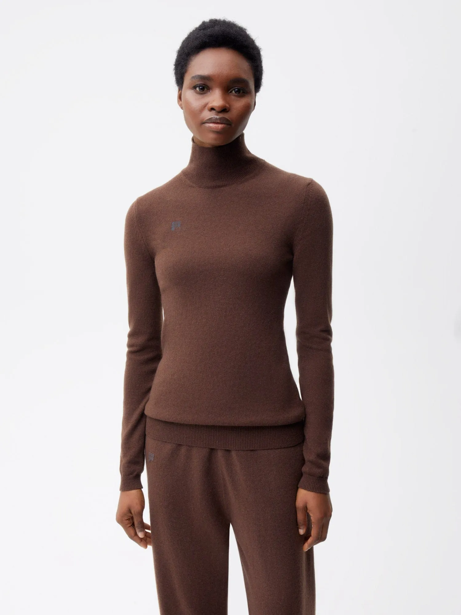 Women's Recycled Cashmere Fitted Turtleneck Top—chestnut brown