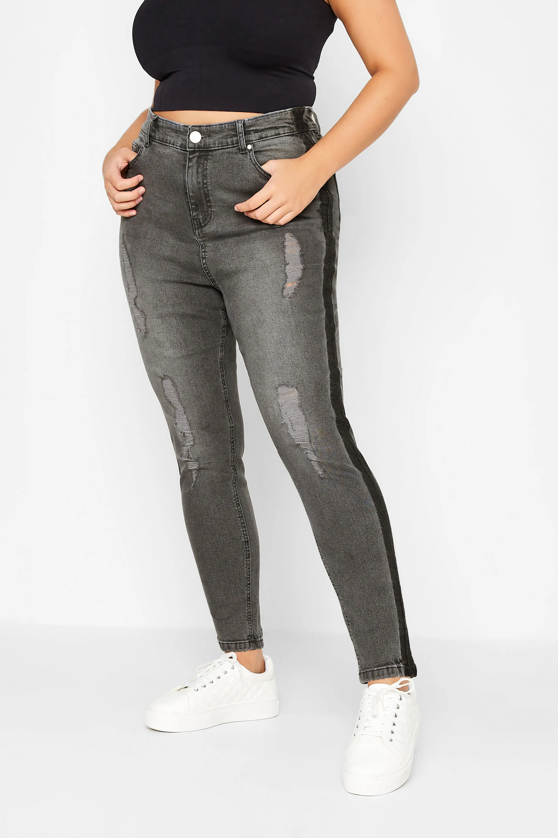 YOURS Curve Black Contrast Side Ripped Stretch Skinny AVA Jeans