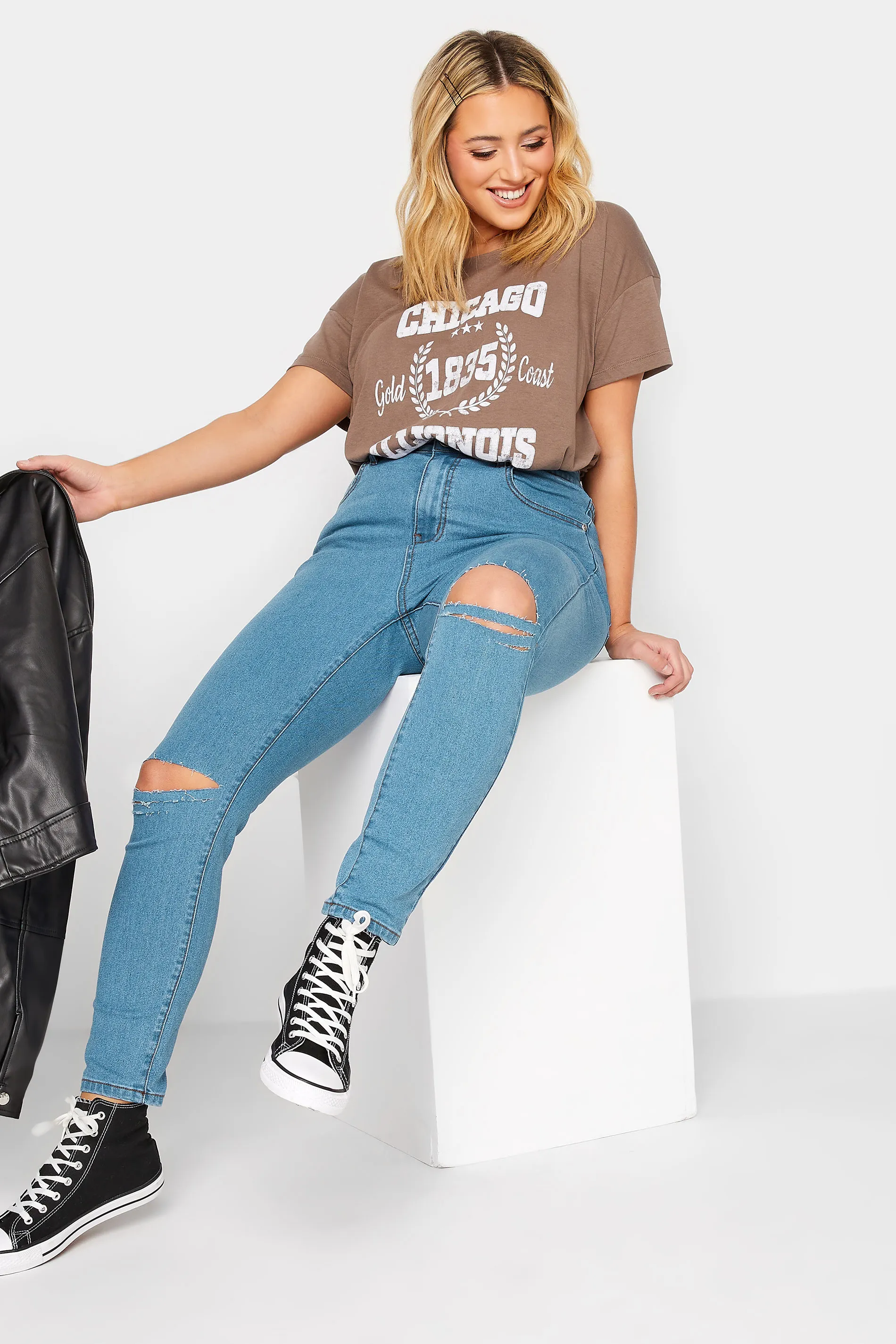 YOURS Curve Bleach Blue Ripped Skinny Stretch AVA Jeans